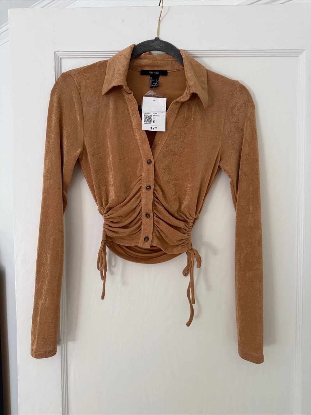 Forever 21 Tan Velvet Ruched Button-Front Crop Shirt